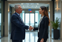 Homme d'affaires en costume serrant la main d'une jeune femme décontractée dans un hall moderne