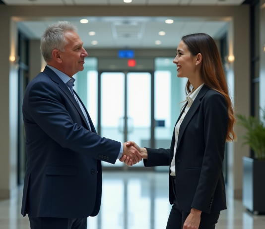 Assurance responsabilité civile : que couvre-t-elle vraiment ? Homme d'affaires en costume serrant la main d'une jeune femme décontractée dans un hall moderne