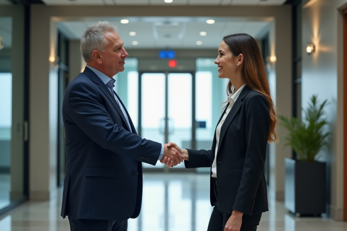 Homme d'affaires en costume serrant la main d'une jeune femme décontractée dans un hall moderne