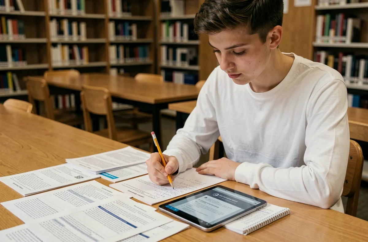Étudiant en bibliothèque s'entraînant sur les questions du permis de conduire 2026 avec fiches PDF imprimées