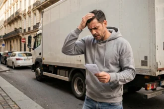 Homme stressé tenant un contrat de location devant un camion de déménagement mal garé en ville