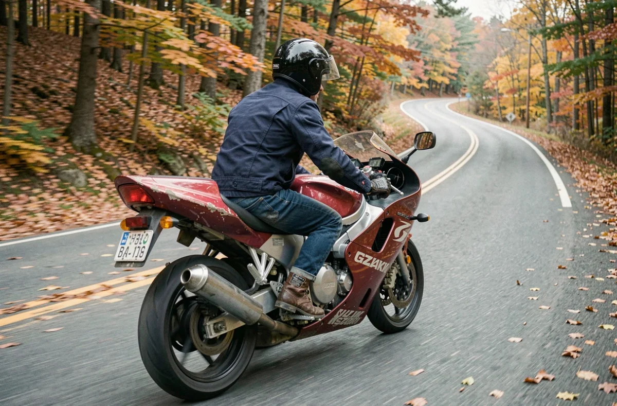 Essai routier d'une Suzuki GSXR 1100 de 1992 sur route de campagne en automne, évaluation avant achat