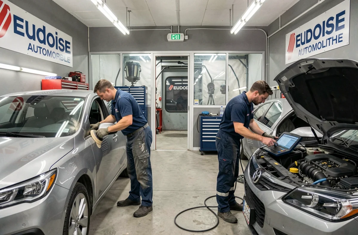L'équipe d'Eudoise Automobile combinant travaux de mécanique et de carrosserie toutes marques dans un atelier complet