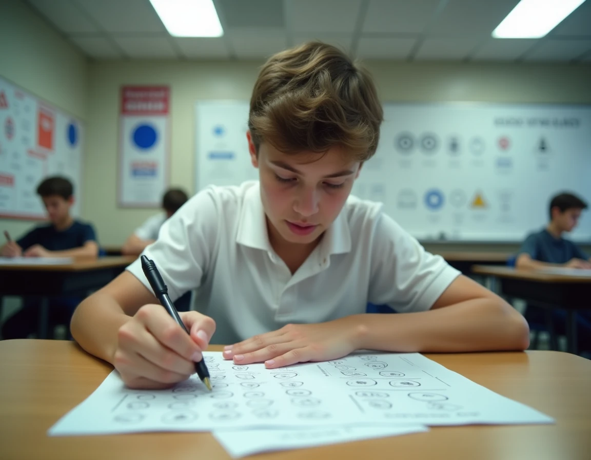 Adolescent en train de passer l'examen théorique du code de la route dans une salle de cours d'auto-école avec une feuille de questions
