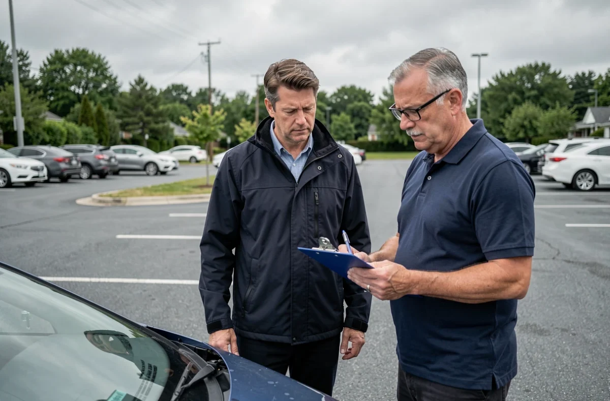 Expert automobile inspectant les dégâts d'un véhicule accidenté avec le propriétaire dans un parking