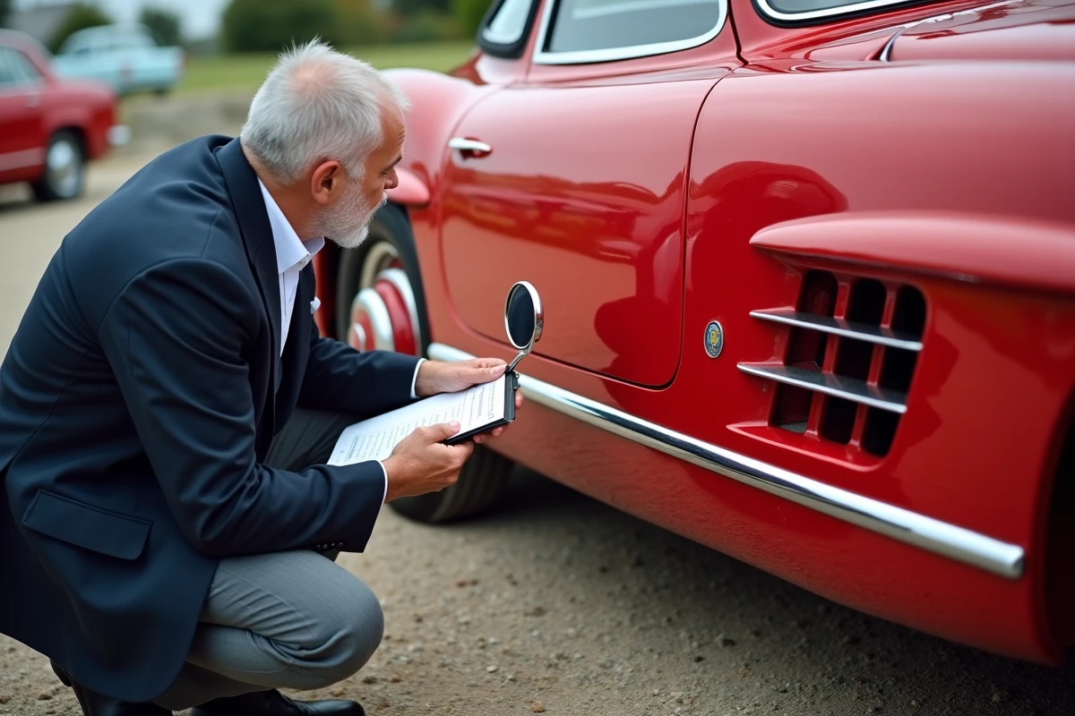 Expert automobile inspectant la carrosserie d'une Mercedes 300 SL Roadster rouge lors d'une expertise avant achat