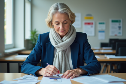 Femme française en veste bleue organisant documents administratifs
