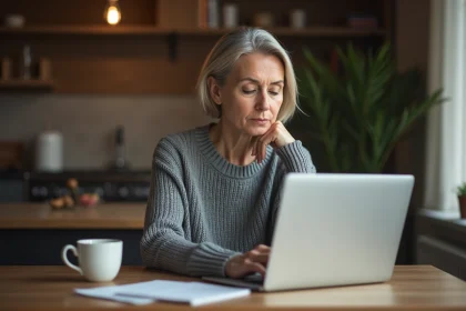 Femme consultant une annonce payante sur Leboncoin depuis son domicile sur un ordinateur portable