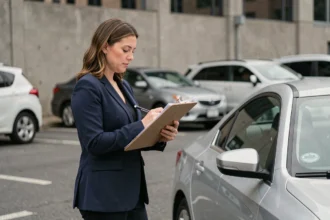Femme consultant des documents d'assurance auto à côté d'une berline argentée dans un parking urbain