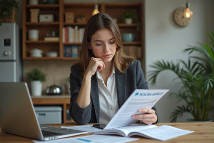 Jeune femme en blazer et jeans avec documents d'assurance