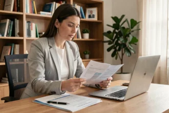 Femme comparant des offres d'assurance auto en promotion sur ordinateur portable à son bureau à domicile