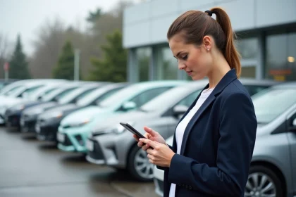 Femme comparant des annonces de voitures sur son smartphone devant une concession automobile