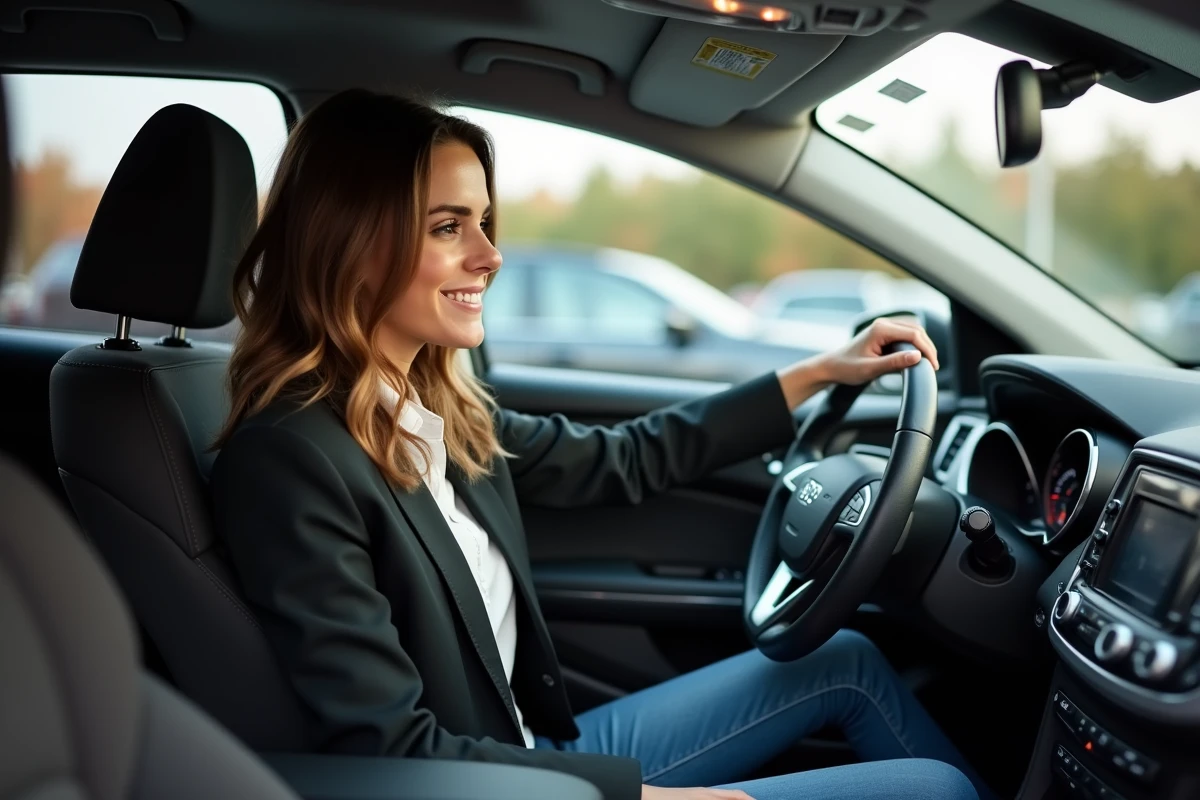 Jeune femme examinant le tableau de bord d