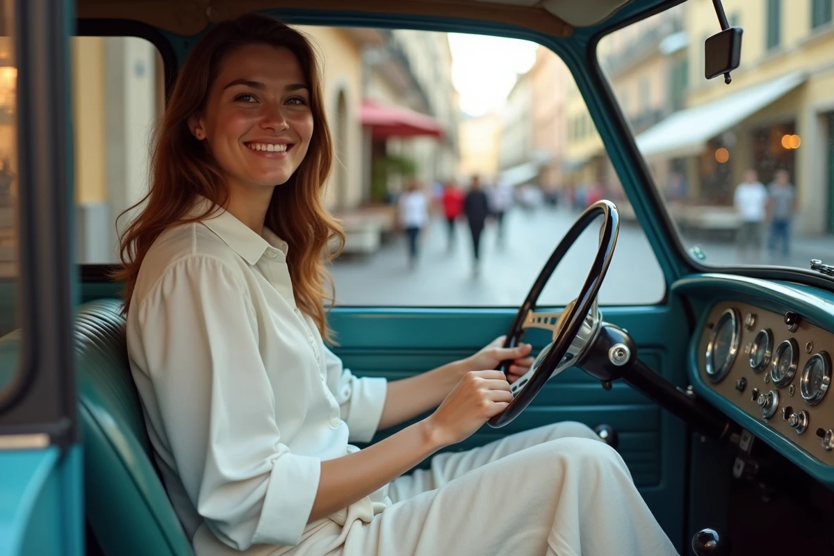 Jeune femme souriante dans une Mini Moke sur une rue pavée