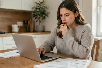 Femme consultant son contrat d'assurance auto Qlara sur ordinateur portable à la maison