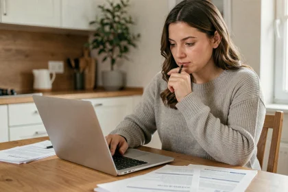 Femme consultant son contrat d'assurance auto Qlara sur ordinateur portable à la maison