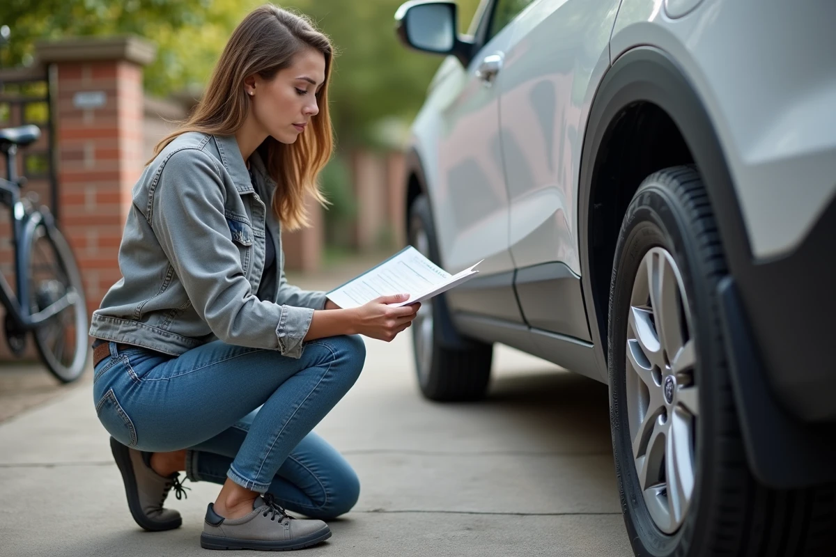 Femme consultant un tableau de pression de pneu pour remorque tractée par un SUV dans une allée résidentielle
