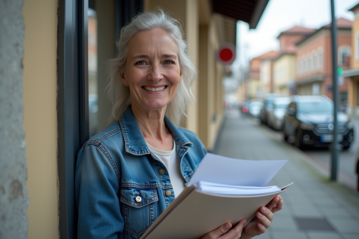 Femme dans la rue souriante après déclaration de véhicule