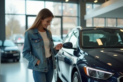 Jeune femme examinant le logo d'une marque de voiture dans un showroom automobile moderne