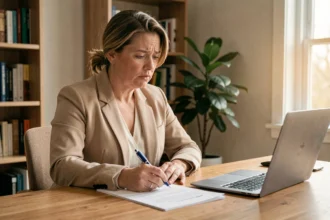 Femme examinant des documents d'indemnisation auto après un sinistre à son bureau à domicile