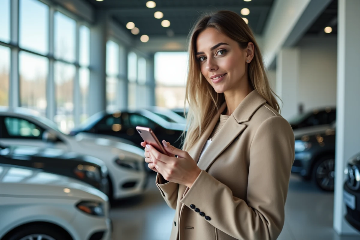 Jeune femme pointant un badge de voiture en showroom