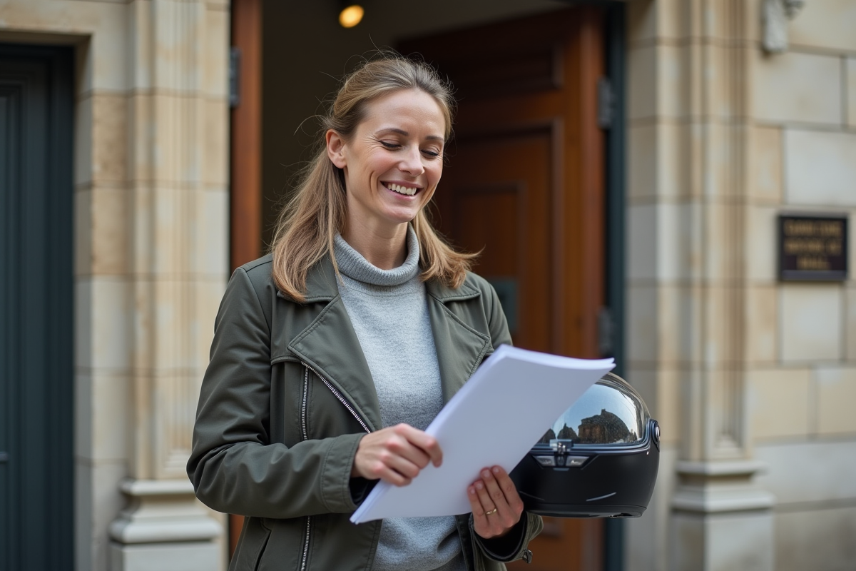 Femme avec casque et documents devant la mairie