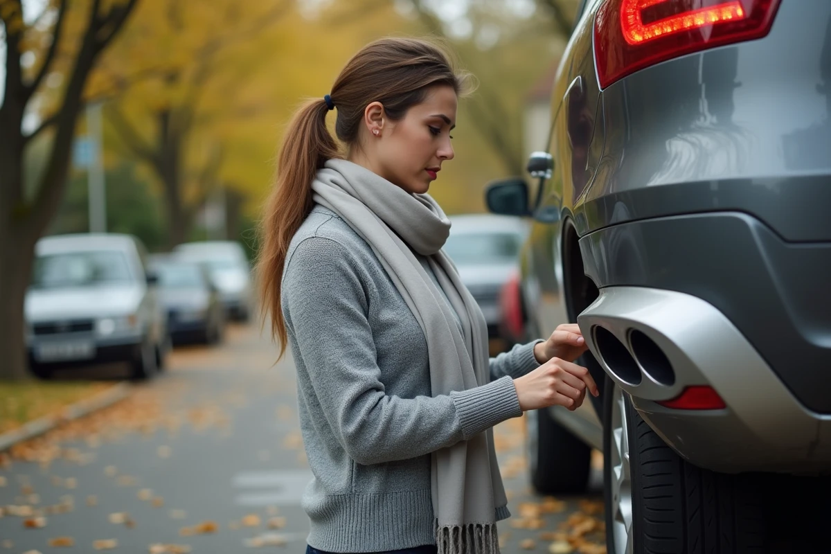 Jeune femme vérifiant le système d’échappement de sa voiture