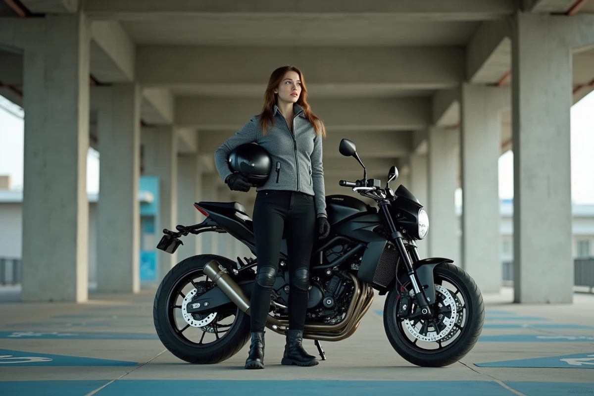 Femme motarde débutante debout à côté d'une moto puissante dans un parking urbain en béton