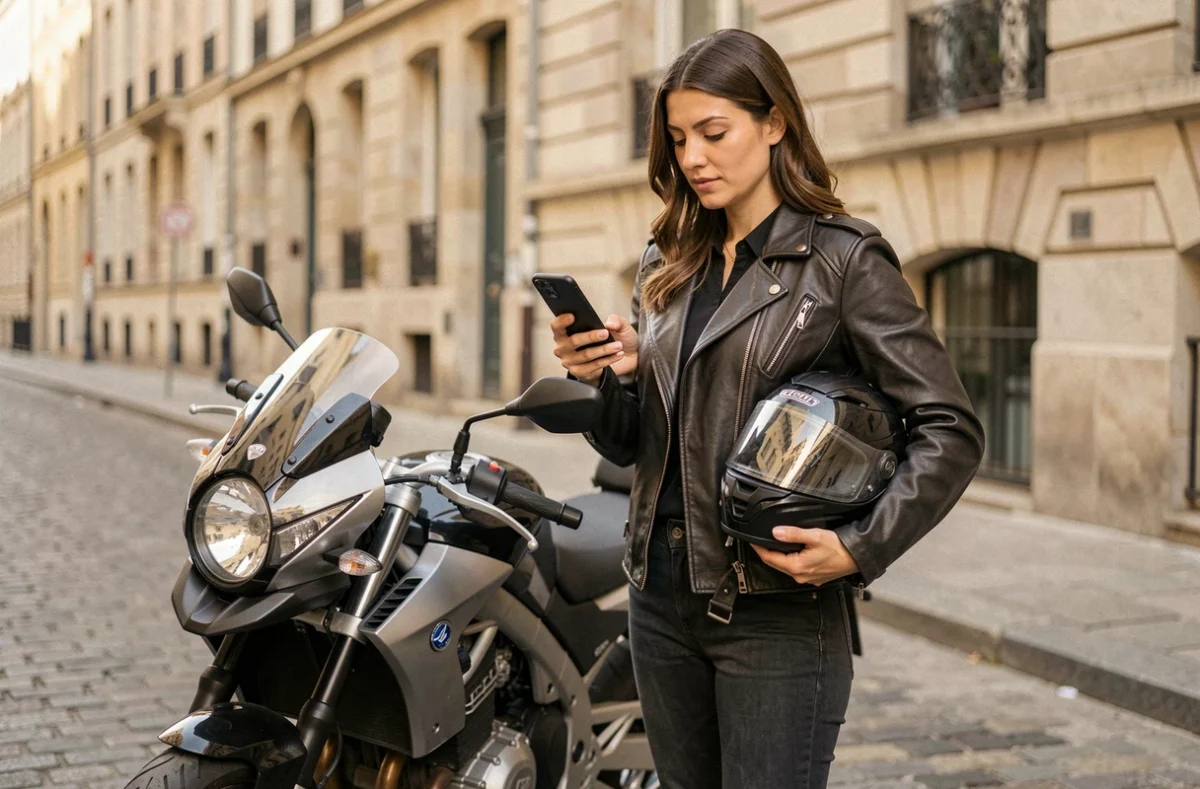 Femme motarde consultant son téléphone pour obtenir un devis d'assurance moto dans une rue de Limoges