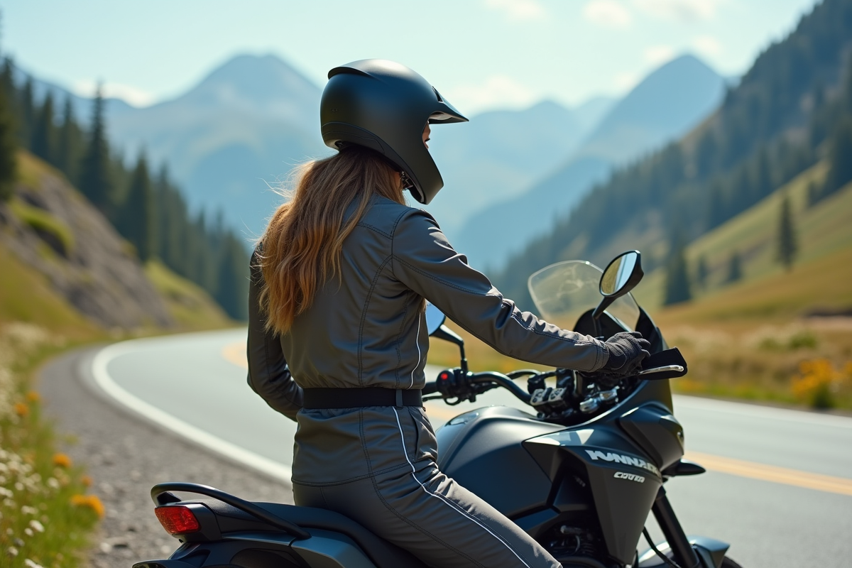 Jeune femme en équipement de moto dans un paysage de montagne