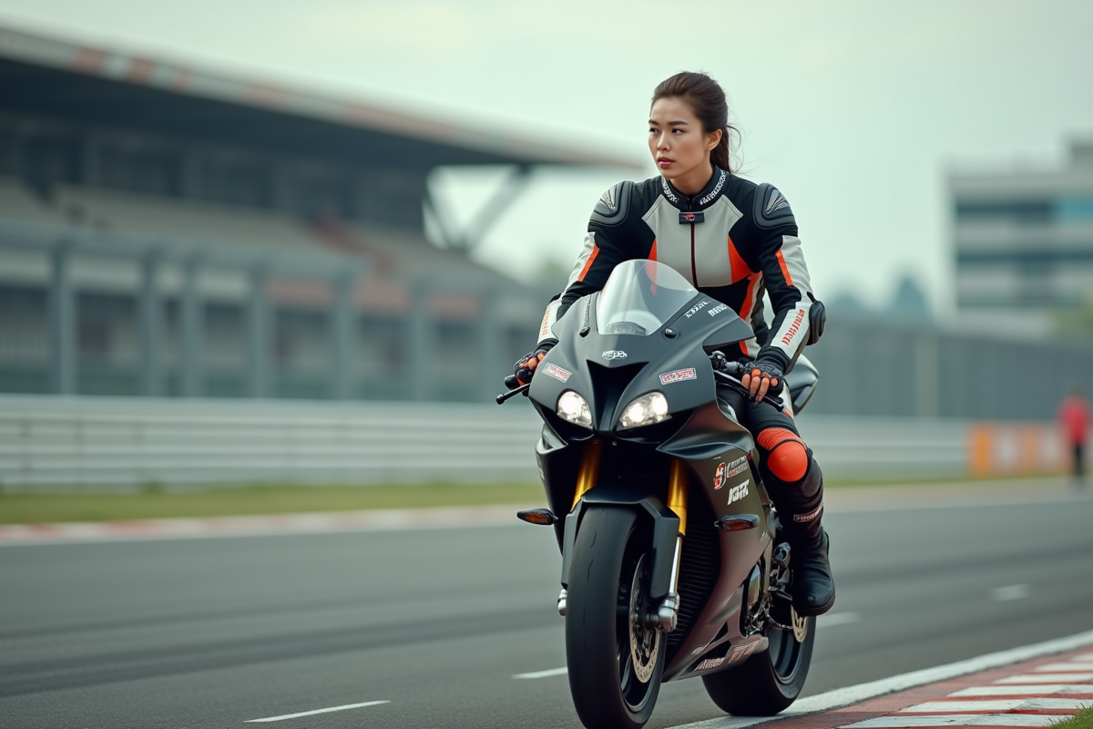 Femme en équipement de course sur circuit moto