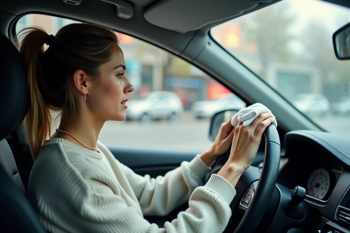 Femme essuyant la condensation du parebrise intérieur