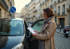 Femme parisienne examine sa voiture et documents d'assurance