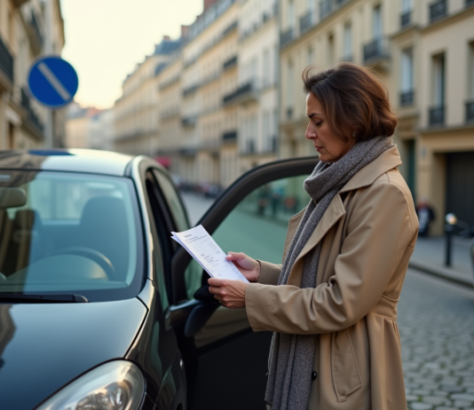 Véhicules soumis assurance obligatoire: quels types couverts en France? Femme parisienne examine sa voiture et documents d'assurance