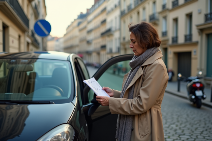 femme-paris-voiture-assurance Femme parisienne examine sa voiture et documents d'assurance