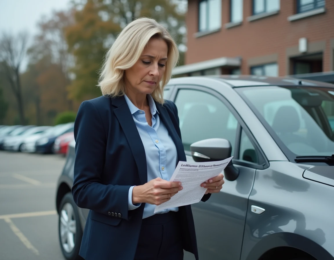 Femme comparant son certificat d'immatriculation à un PV devant sa voiture