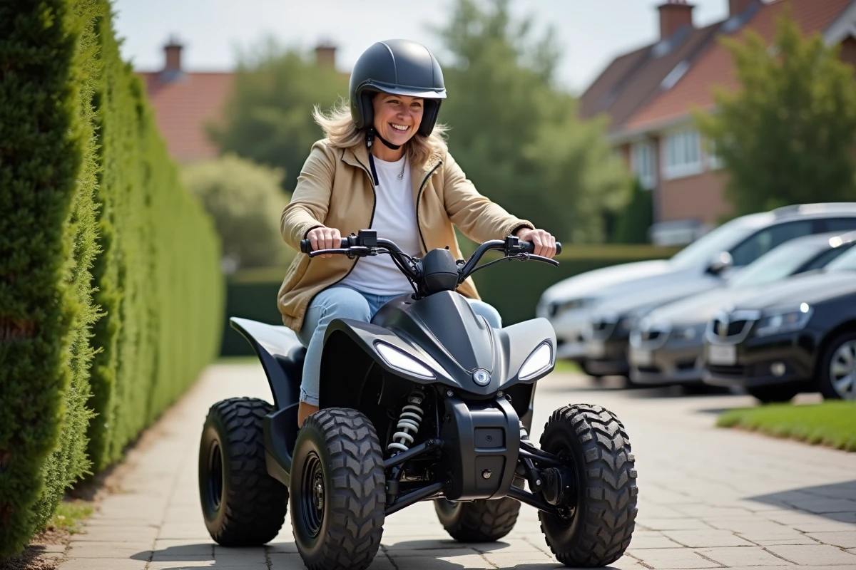 Femme en extérieur sur un quad électrique en pratique