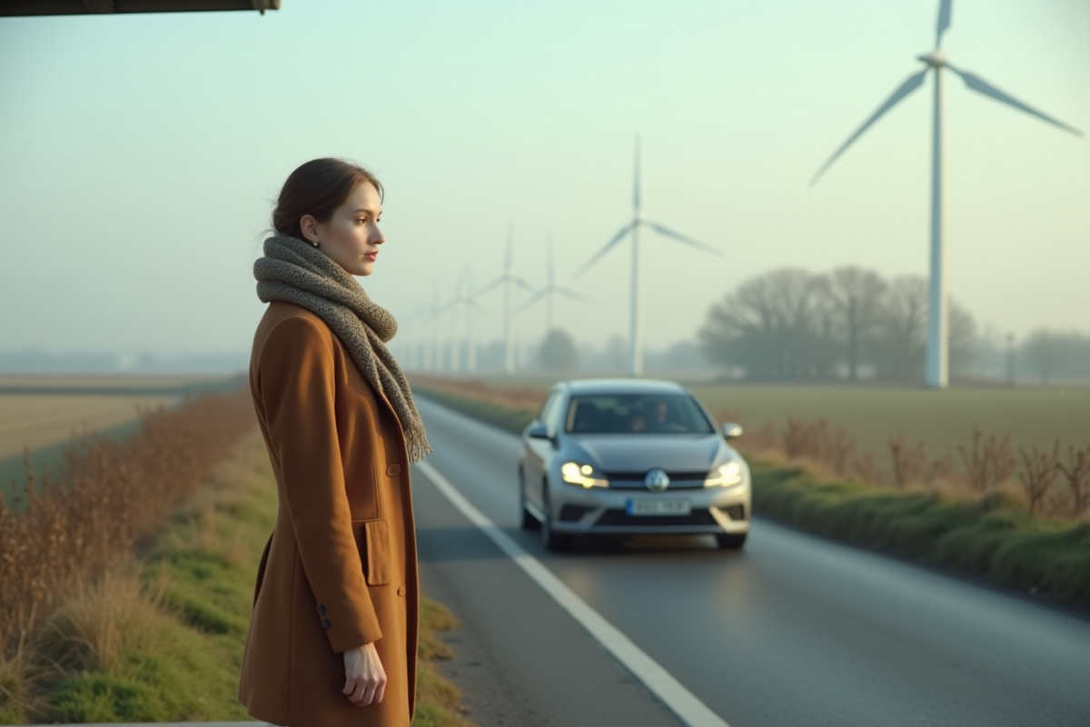 Jeune femme au arrêt de bus rurale avec voiture diesel en arrière-plan