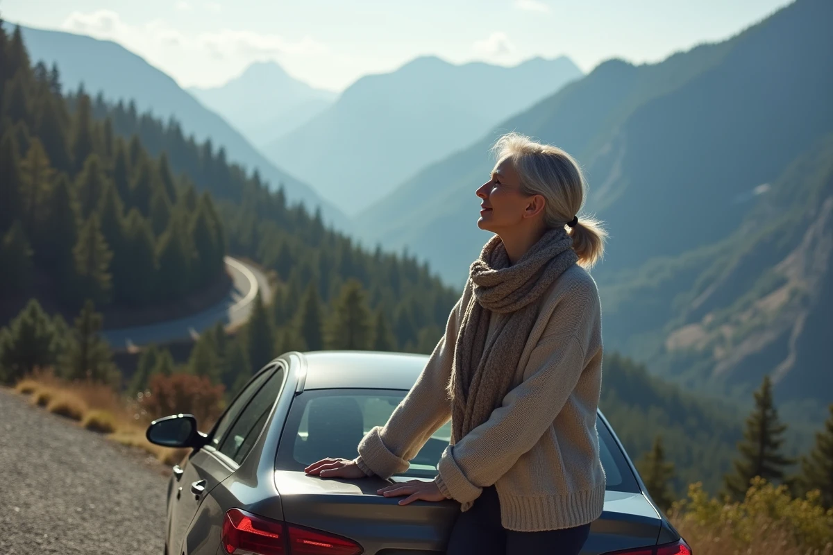 Femme admire un sedan 2026 au sommet d