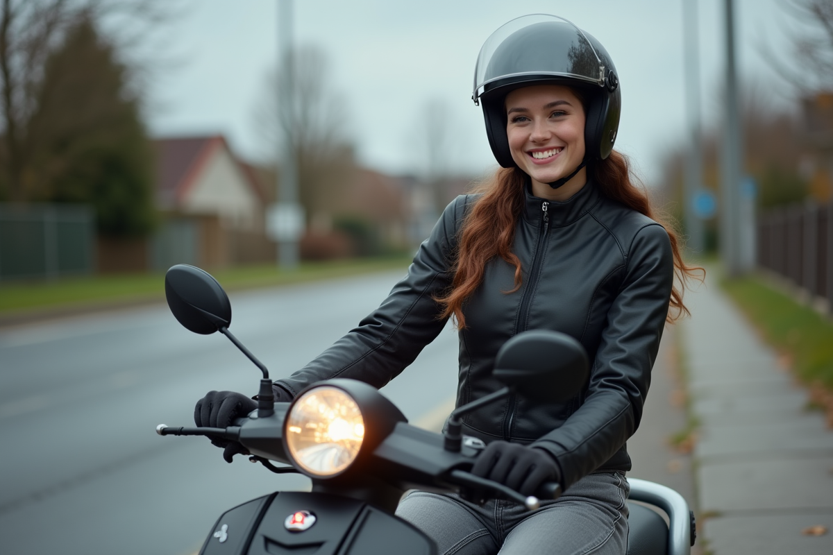 Jeune femme montre le signal lumineux de son scooter