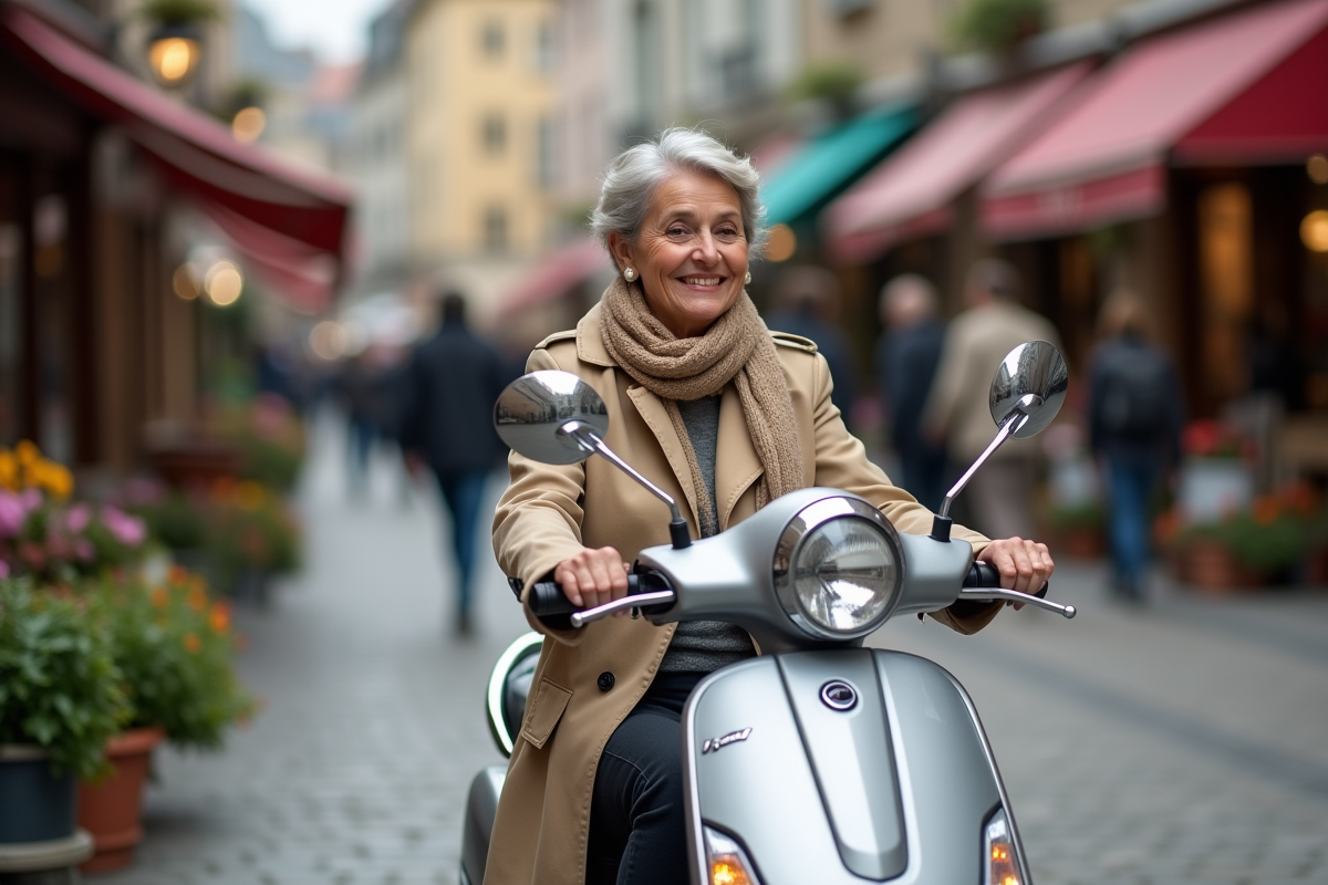 Femme souriante sur un scooter 50cc dans une place pavée