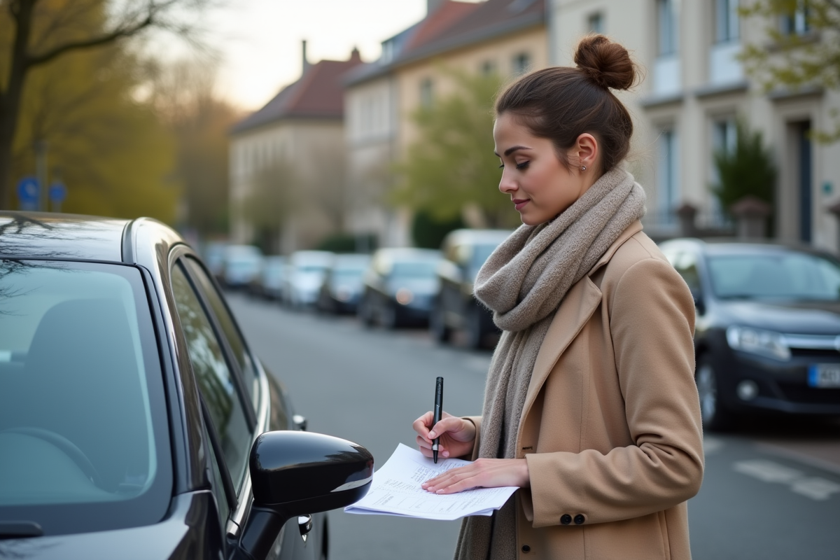 Femme signant un formulaire de voiture sur le toit d