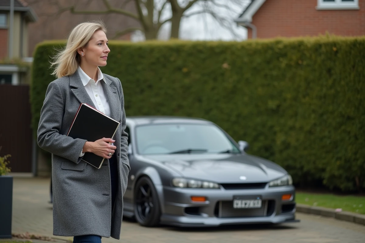 Femme avec Nissan Silvia dans une rue résidentielle calme