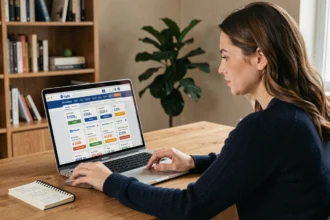 Femme comparant des simulations d'assurance voiture sur un ordinateur portable depuis son bureau à domicile