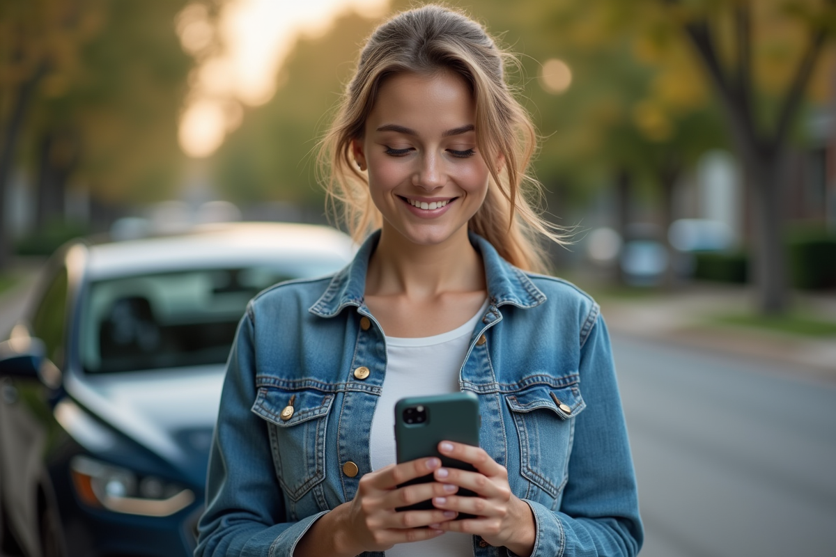 Jeune femme avec smartphone affichant une application d