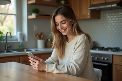 Jeune femme utilisant son smartphone dans la cuisine moderne