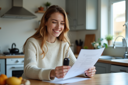 Femme souriante dans la cuisine avec clés de voiture