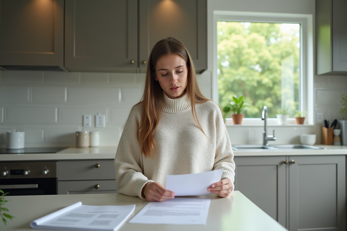 Jeune femme vérifiant une lettre de conduite dans la cuisine