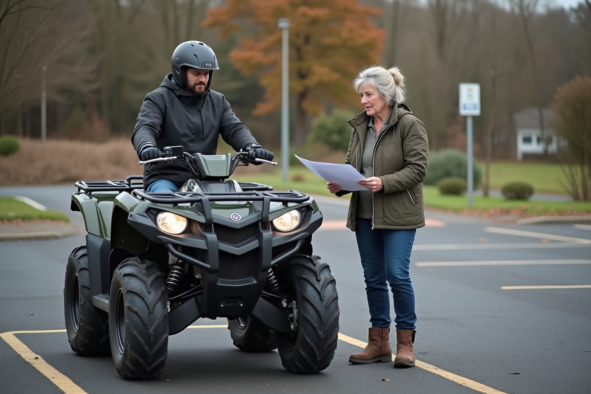 Femme vérifiant documents de quad avec instructeur dans un parking
