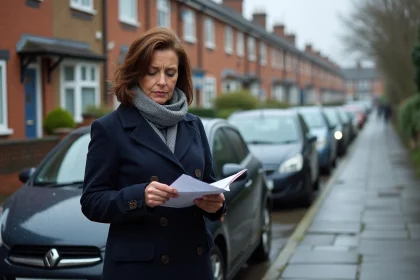 Femme en manteau navy examine un document devant sa voiture